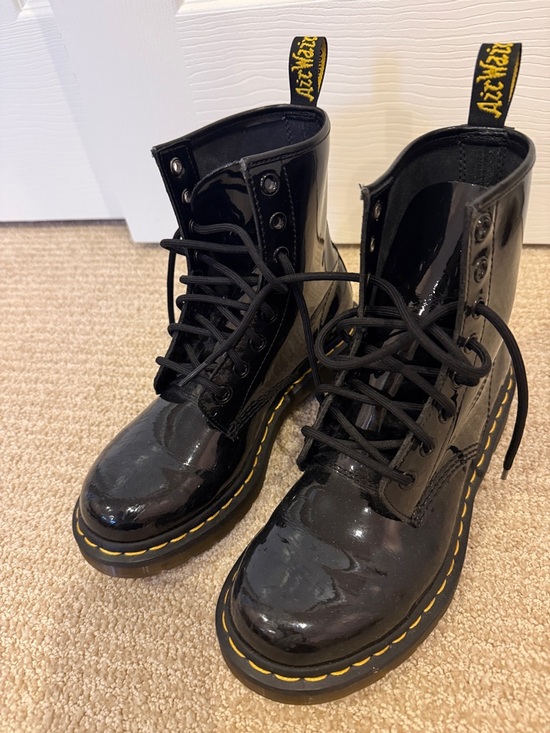 Dr. Martens Shoes - Dr. Martens Black Patent Lace-Up Boots with Yellow Stitching